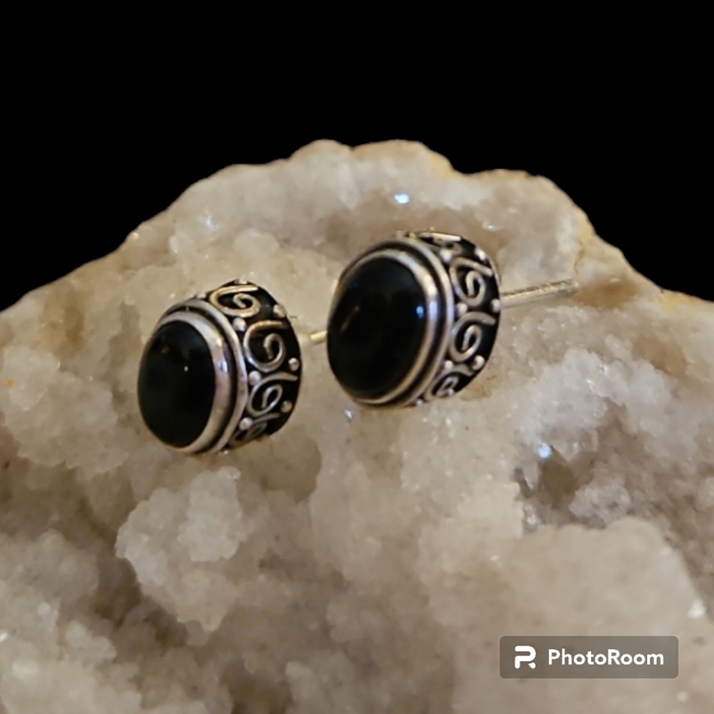 ARTISAN Sterling Silver Black Onyx Scroll Post Earrings